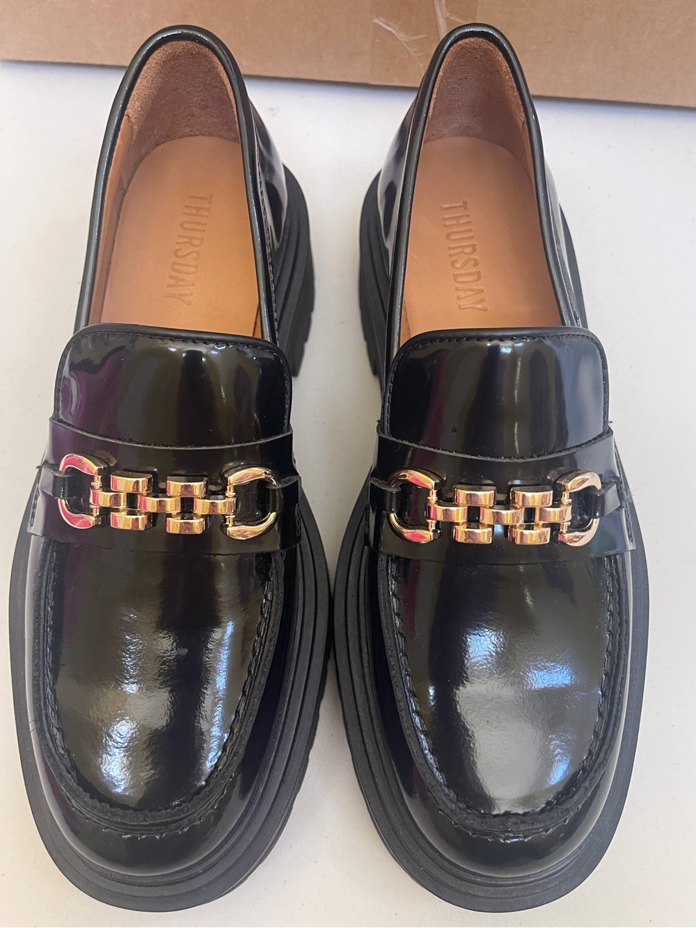 Thursday Everyday Black Patent Leather platform Women’s Loafers with gold chain